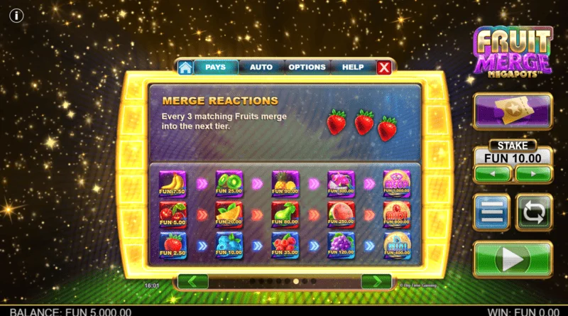 Fruit Merge Megapots - gyümölcsök összeolvadása a Hold and Spin-ben